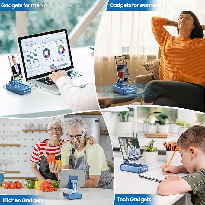 JTEMAN Cell Phone Stand with Bluetooth Speaker, HD Stereo Sound & Anti-Slip Base, Foldable Adjustable Desktop Phone Holder for Home Office, Cool Tech Gadgets Birthday Gifts for Men Women (Blue) - Image 2