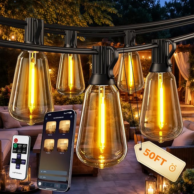 Outdoor String Lights, 50FT Patio Lights for Outside, Smart App & Remote Control with Timer, Dimmable with 4 Scene Modes, Warm White Waterproof LED Bulbs for Garden, Yard and Backyard Decor by Ecoeve