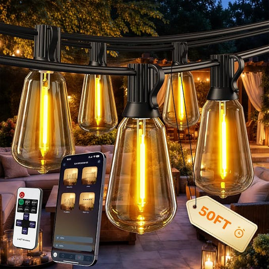 Outdoor String Lights, 50FT Patio Lights for Outside, Smart App & Remote Control with Timer, Dimmable with 4 Scene Modes, Warm White Waterproof LED Bulbs for Garden, Yard and Backyard Decor by Ecoeve
