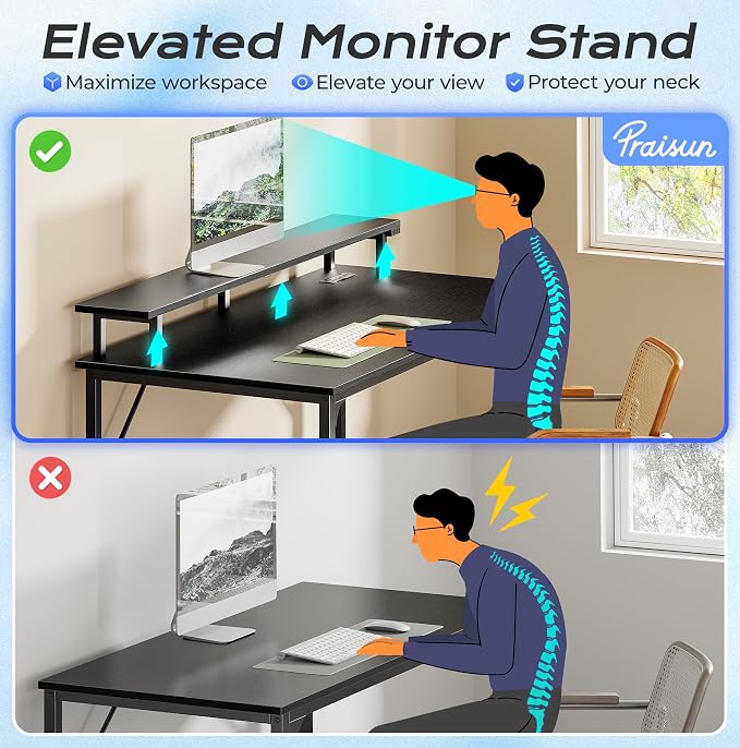 PRAISUN 40 inch Gaming Desk, LED & Power Outlets, Monitor Stand, Black | Sturdy PC Desk for Home Office, Study & Work, LED Lights, 4 AC Outlets & USB-C Charging Station - Image 7
