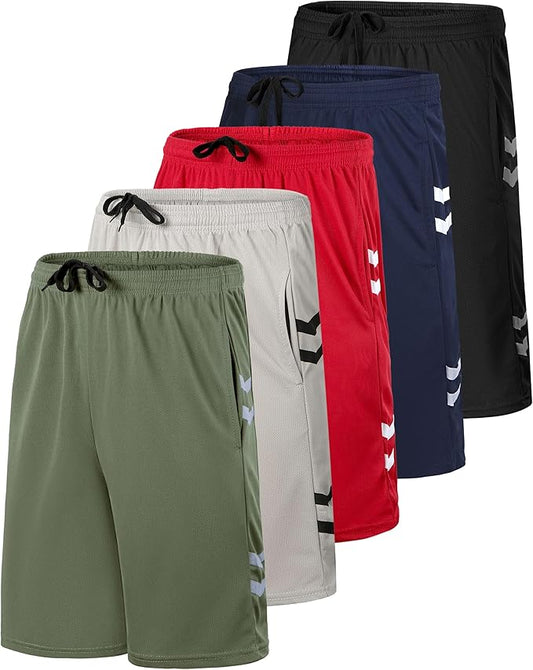 5 Pack Men's Mesh Shorts Athletic Basketball Sports Gym Workout Pockets | Cooling Moisture-Wicking, 9", Long, Quick-Dry, Breathable, Elastic Drawstring Waistband. Running, Exercise, Soccer, Training. by RealEssentials