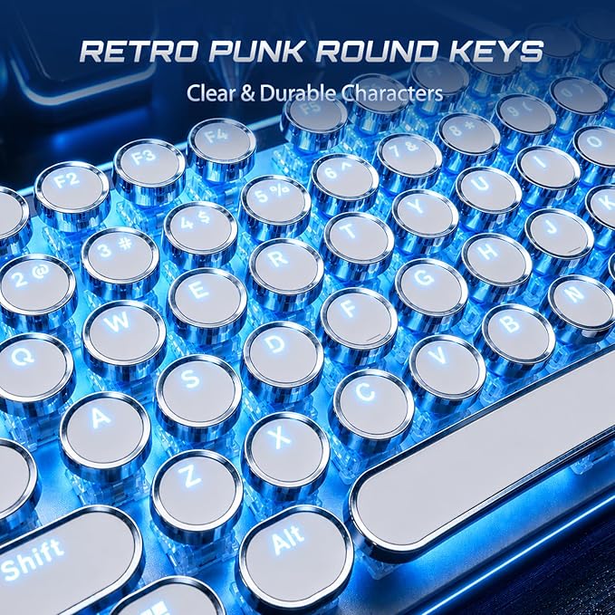 RK ROYAL KLUDGE S108 Typewriter Mechanical Keyboard, Retro Wired Gaming Keyboard with Number Pad and Detachable Wrist Rest, 108 Keys Full Size PC Game Keyboards, Clicky Blue Switch, Blue Backlit White - Image 4