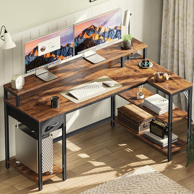 SUPERJARE 53 inch Reversible L Shaped Desk with LED Lights & Power Outlets, Computer Desk with Shelves & Monitor Stand, Gaming Desk with Drawer, Home Office Desk Corner Desk, Rustic Brown - Image 8