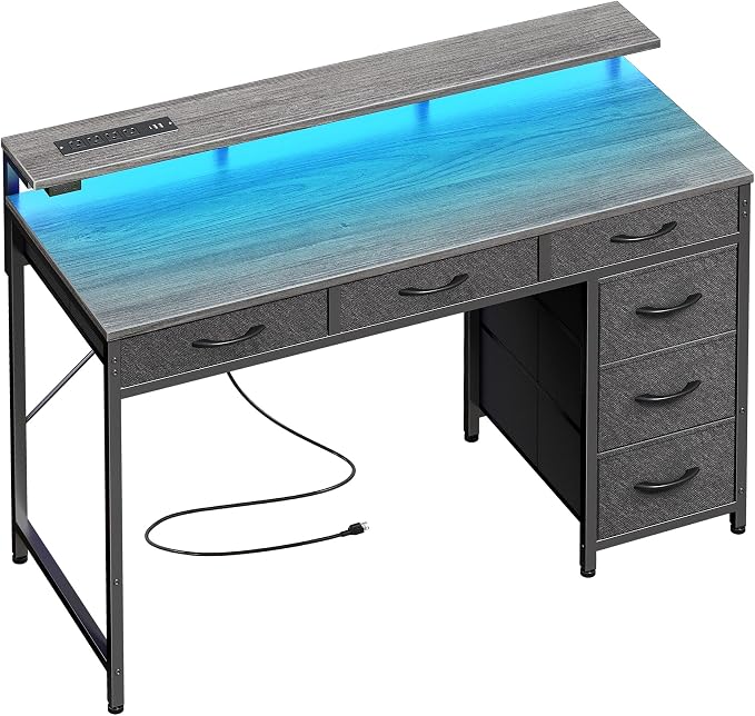 Huuger Gaming Desk with 6 Drawers, Computer Desk with LED Lights Power Outlets and Type-C, 39 Inch Office Desk with Storage, Monitor Stand, Writing & Work Desk for Home Office, Bedroom, Grey by Huuger