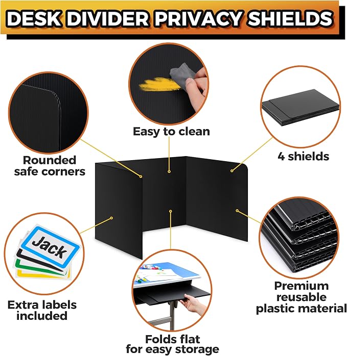 4-Pack Desk Dividers for Students - Durable & Waterproof Plastic Study Carrel Divider, Classroom Folders Teacher Supplies, Easy-to-Clean Plastic Privacy Shield Folder Boards for Student Desks, Black - Image 3