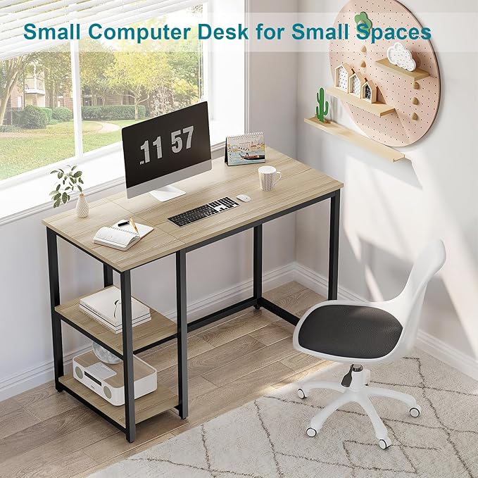 SINPAID 40'' Oak Computer Desk with Shelves, Sturdy Light Wood Desks with Storage Space, Modern Gaming Desk Study Writing Laptop Table, Beige - Image 4