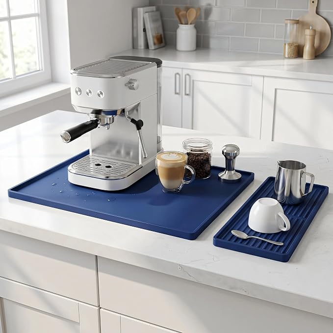 Silicone Coffee Mat 24 x 16 in with Tray, Deep Sea Blue | Coffee bar mat for countertop use, coffee station mat or coffee machine mat with removable tray and 0.47 in raised rim. by DXOKNQG