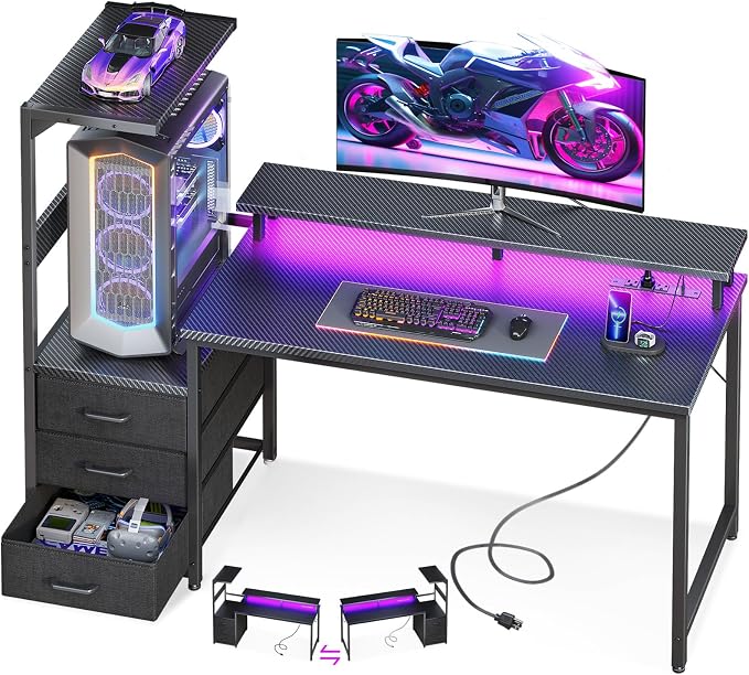 AODK 52 Inch Gaming Desk with USB Charging Ports & LED Light- Reversible Computer Desk with Storage Shelves & Monitor Stand, Modern Gamer Desk Table with Fabric Drawers, Black by AODK