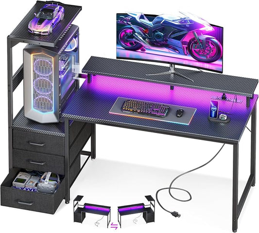 AODK 52 Inch Gaming Desk with USB Charging Ports & LED Light- Reversible Computer Desk with Storage Shelves & Monitor Stand, Modern Gamer Desk Table with Fabric Drawers, Black by AODK