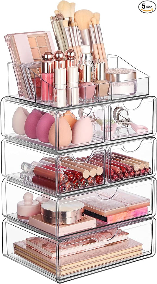 Vtopmart 5 Tier Clear Makeup Organizer with 6 Drawers | Smart Storage Layout, Clear for Better Visibility, Stackable, Large Capacity, for Makeup Lipstick Brush Skincare by Vtopmart