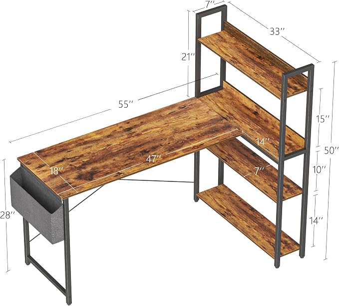 Treesland 55 Inch Computer Desk with Storage Shelves, L Shaped Desk with Storage, Corner Desk with Shelves, Home Office Desks, Bookshelf Desk, Writing Study Desk for Bedroom, Brown - Image 3