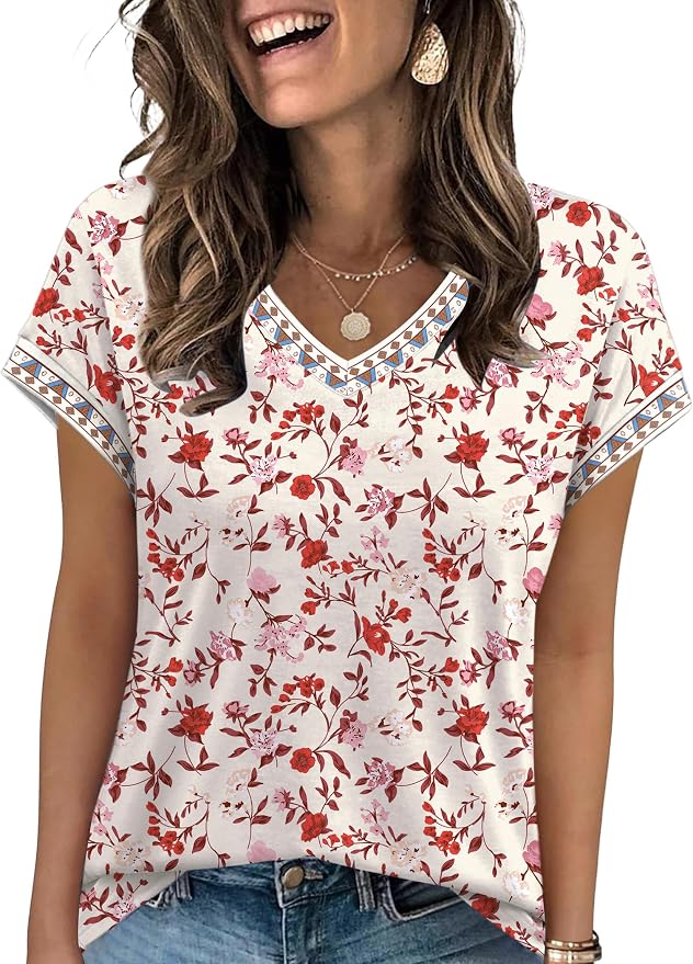 WIHOLL Womens Summer Tops 2026 Cap Short Sleeve Shirs V Neck T Shirts Fashion Beach Vacation Clothes Color Block - Image 3
