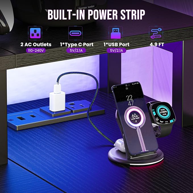 DUMOS 53 Inch Gaming Desk, L Shaped Desk, LED Lights | Monitor Stand, Storage Shelves, Computer Table, USB Charging Ports, Power Outlets, Small Spaces, Black - Image 4