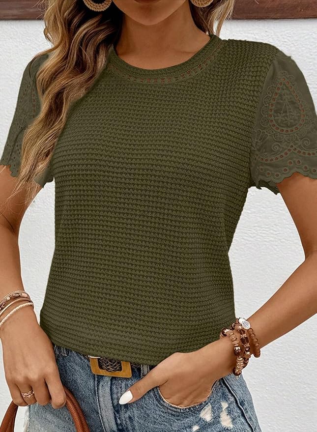 SHEWIN Womens Frenchy Summer Tops Crewneck Short Sleeve T Shirts Casual Waffle Knit Jacquard Blouses Top Shirts - Image 3
