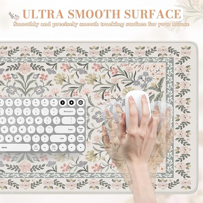iCasso Desk Mat for Women Desk Accessories, 35.4x15.7in,Cozy Gray Floral | Back to School XXL Large Mouse Pad, Anti-Slip Big Mousepad with Stitched Edges,Smooth Water-Resistant - Image 3