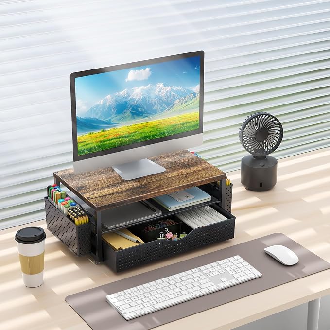 gianotter Desk Organizers and Accessories, Monitor Stand with Drawer and 2 Pen Holder, Desktop Organizer Suitable for Offices and Dormitories (Wood-Plain) - Image 7