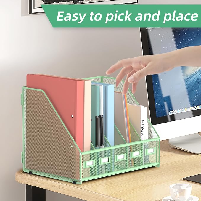 SUPEASY Desk Organizers Metal Desk Magazine File Holder with 5 Vertical Compartments Rack File Organizer for Office Desktop, Classroom, Home Workspace, Green - Image 5