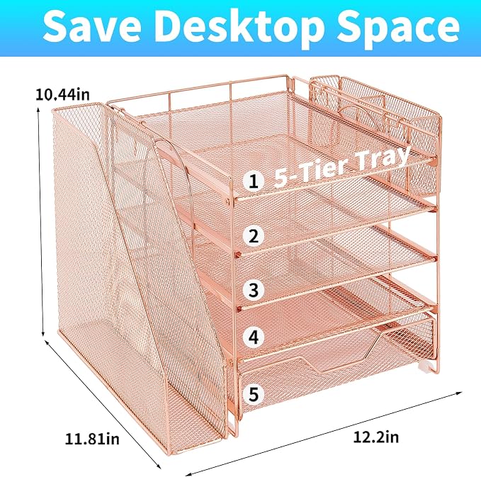 Desk Organizers and Accessories, 5-Tier Paper Letter Tray Organizer with File Holder, Drawer & Pen Holder, Office Desk Accessories, Desktop Organizer for Classroom Office Supplies, Rose Gold - Image 2