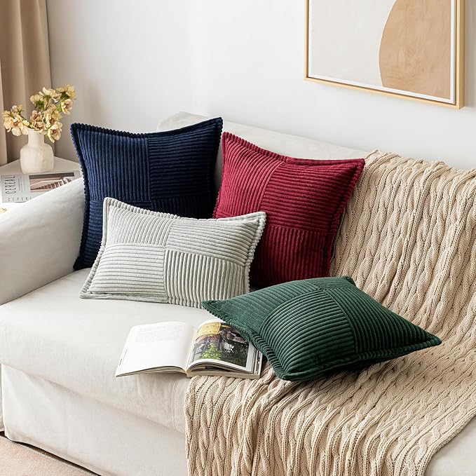 MIULEE Decorative Throw Pillow Covers for Couch Bed Livingroom 18x18 Inch Set of 2 Dark Green Boho Accent Throw Pllows Broadside Striped Patchwork Soft Corduroy Pillowcases - Image 4