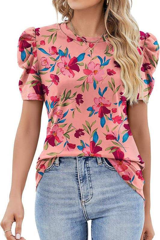 Ivicoer Puff Short Sleeve Shirt for Women Eyelet Tops Summer Crewneck Blouse Loose Fit S-XXL by Ivicoer