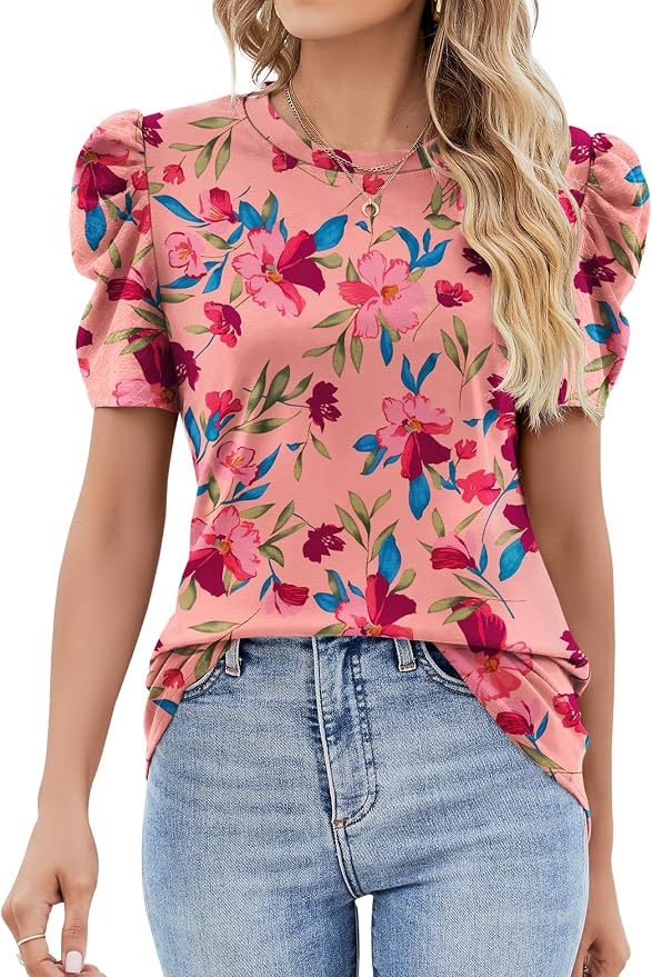 Ivicoer Puff Short Sleeve Shirt for Women Eyelet Tops Summer Crewneck Blouse Loose Fit S-XXL by Ivicoer