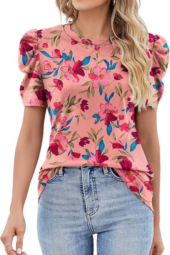 Ivicoer Puff Short Sleeve Shirt for Women Eyelet Tops Summer Crewneck Blouse Loose Fit S-XXL by Ivicoer