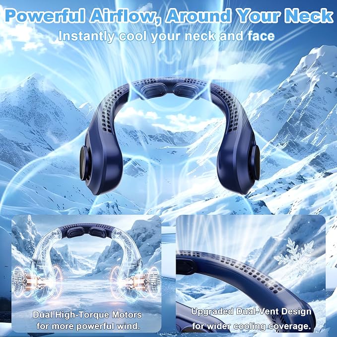 Portable Neck Fan Rechargeable - [with LED Display] 5 Speeds, 5000 mAh Battery Operated Wearable Personal Cooling Bladeless Fan for Outdoor Travel, Gifts for Men Women Kids,Dark Blue - Image 3