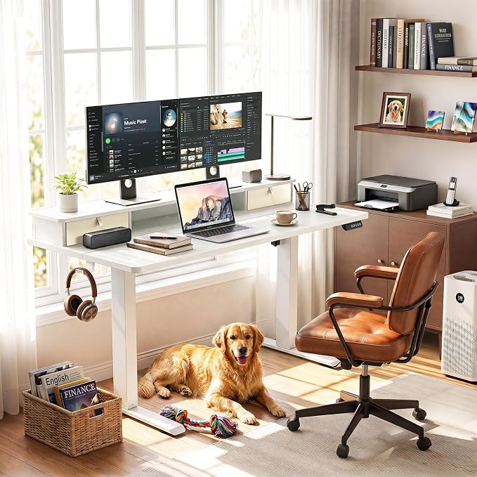 Veken 55x26 in Electric Standing Desk with Drawers, Adjustable Table, White | Stand up Computer Desk for Home Office, Work & Study, with Storage, 3 Memory Presets, Cable Organizer, Hook, and Quiet Lift. - Image 2