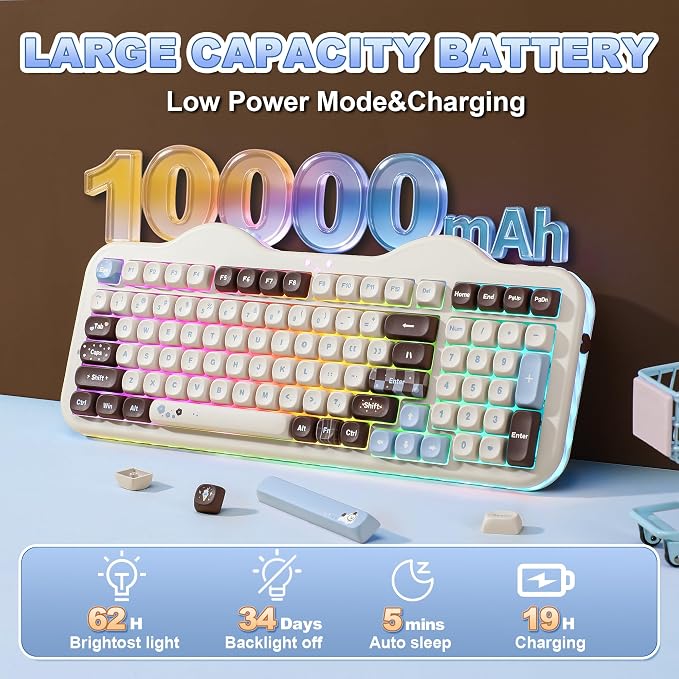 YUNZII C98 Cute Cake Wireless Mechanical Keyboard(Choco, Candy Switch) | 99 Keys with Number Pad, Hot Swap, PBT MOA Keycaps, BT5.0/2.4G/USB-C, Gasket Mount, Custom RGB Backlit for Win/Mac - Image 6