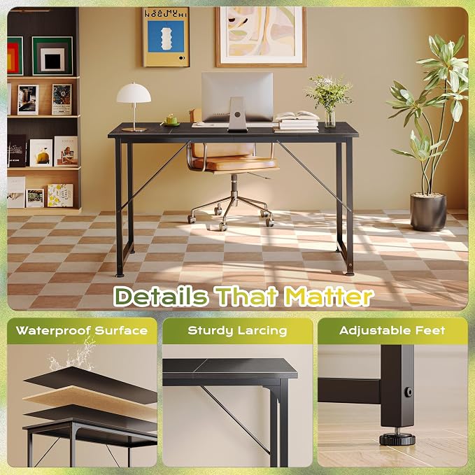 PRAISUN 47 Inch Computer Desk, Home Office Desk with Spacious Desktop, Black - Image 6