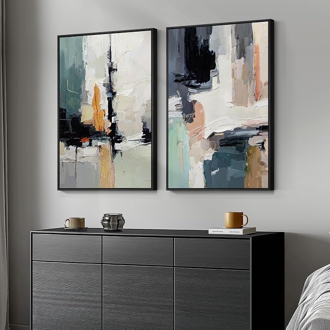 Large Framed Colorful Abstract Wall Art, Set of 2 Modern Canvas Prints Paintings Artwork for Walls, Bright Blue Green Multicolor Pictures for Living Room Hallway Dining Bedroom Wall Decor 20x30 In by Cuspin
