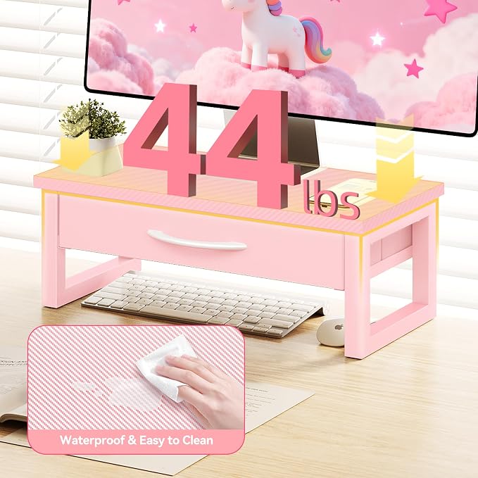 Desk Organizers and Accessories, Computer Monitor Stand Riser with Fabric Drawer, 2-Tier Laptop Stand for Desk, Office Organization Accessories, Pink - Image 4