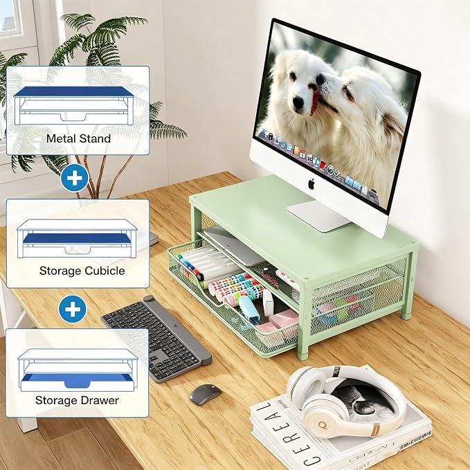 OPNICE Computer Monitor Stand Riser, Desk Organizer with Drawer, Printer & Laptop Stand, Office Desk Accessories & Workspace Desktop Organizers Storage for Office Supplies(Green) - Image 4
