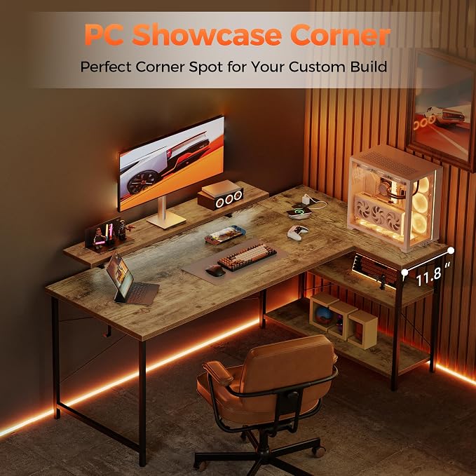 Mericonia 55 in L Shaped Gaming Desk, Large Corner Desk with Monitor Stand | Reversible Computer Desk with Power Outlets, LED Light & Storage Shelves, Office Table for Home Bedroom Study Work Writing - Image 9