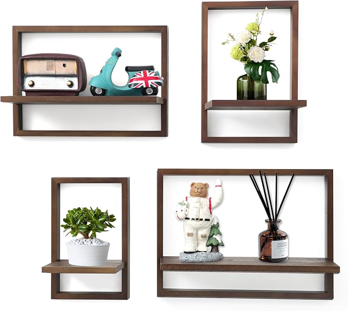 PHOENANCEE Square Floating Shelves,Framed Wall Shelf Decorative Set of 4,Modern Plants Hanging Display Art Decor Storage for Livingroom Bedroom Bathroom Farmhouse,Home Light Wood,Rustic Walnut by PHOENANCEE