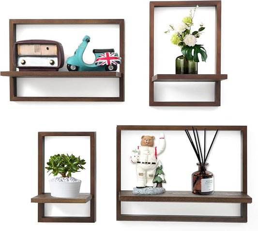 PHOENANCEE Square Floating Shelves,Framed Wall Shelf Decorative Set of 4,Modern Plants Hanging Display Art Decor Storage for Livingroom Bedroom Bathroom Farmhouse,Home Light Wood,Rustic Walnut by PHOENANCEE