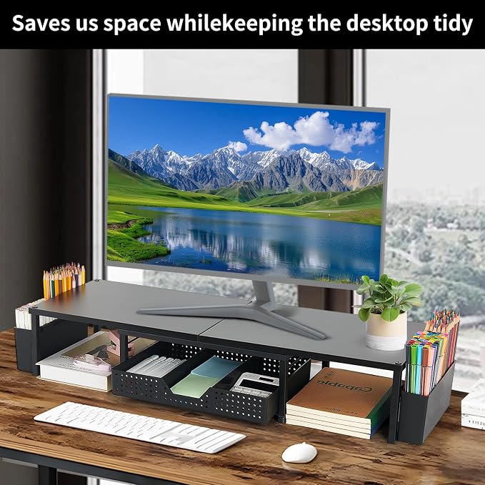 OPNICE Desk Organizers and Accessories, Dual Monitor Stand Riser with Drawer and 2 Pen Holders, Desk Shelf Wood Computer Racks for Office Workspace Organizers, Desktop Organization (Black Wood) - Image 5