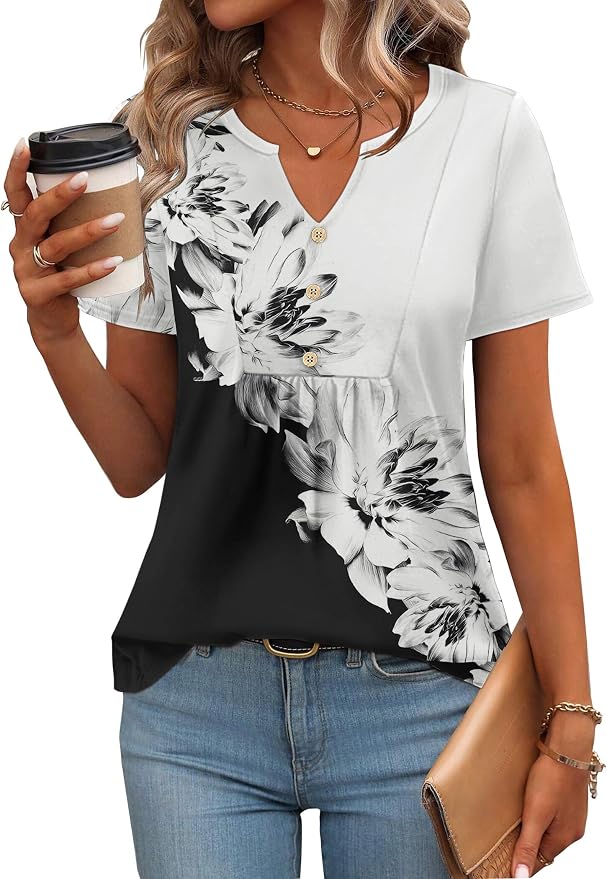 Zeagoo Womens Short Sleeve Tops Summer Henley V-Neck Tshirts Casual Pleated Blouse Dressy Loose Floral Basic Tee - Image 2