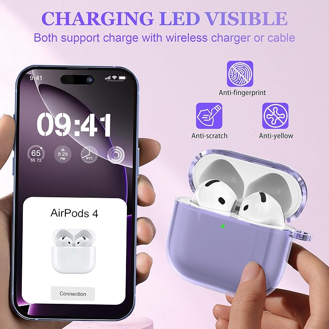 for AirPods 4th Generation Case Cover 2024, Military-Grade Shockproof, Soft TPU Highly Transparent Anti-Yellowing for AirPods 4 Case with Cleaning Kit & Cute Round Buckle, Clear Purple - Image 3