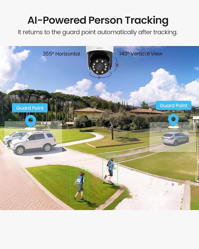 ZOSI C298 4MP Dual-Lens(2MP+2MP) Wired WiFi PT Plug-in Security Camera Outdoor, 360 View Pan/Tilt Camera, Human/Vehicle Detect, Color Night Vision, Spotlight Siren,Two-Way Talk, Memory Card Storage - Image 3