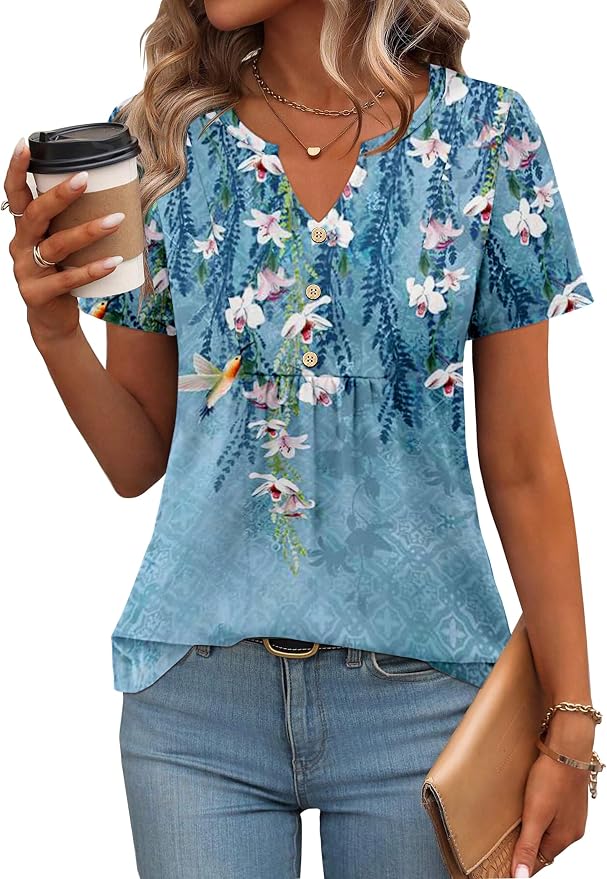 Zeagoo Womens Short Sleeve Tops Summer Henley V-Neck Tshirts Casual Pleated Blouse Dressy Loose Floral Basic Tee - Image 2