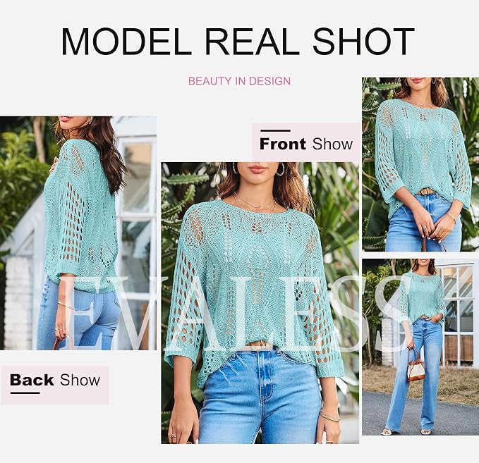 EVALESS Womens Crochet Hollow Out Knit Tops Half Sleeve Spring Summer Sweaters Beach Cover Ups for Women Trendy 2026 - Image 8