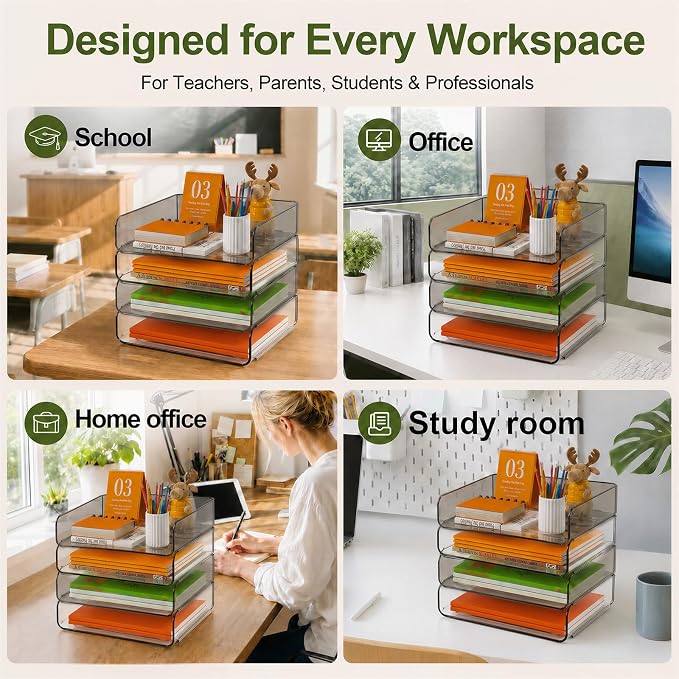 FANXIYQ 4-Tier Acrylic Paper Tray Organizer, Clear & Brown Paper Organizer | Stackable, Tool-Free Design with 2-4 Tiers for A4 Paper, Files, Books and Mail; Ideal for School, Home Office and Study Room - Image 3