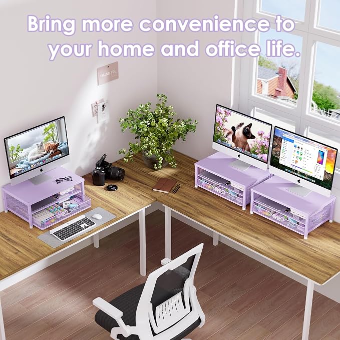 OPNICE Computer Monitor Stand Riser, Desk Organizer with Drawer, Printer & Laptop Stand, Office Desk Accessories & Workspace Desktop Organizers Storage for Office Supplies(Purple) - Image 4