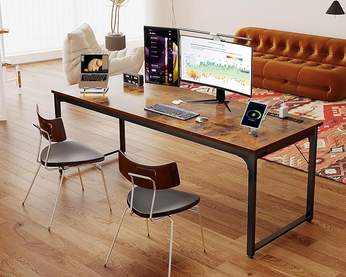 Coleshome 71 Inch Computer Desk with USB Ports, Large Office Desk, Long Study Student Writing Desk, Rustic Brown | Extra-long workspace • Fits dual monitors • Stable steel frame • Spacious legroom • Home office & gaming - Image 7