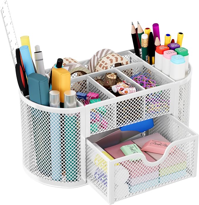 EasyPAG Mesh Pen Holder Desk Organizer with Drawer Stationery Supplies Organizer for Dorm School 9 Compartments Workspace Desk Accessories Organization for Office, White by EasyPAG