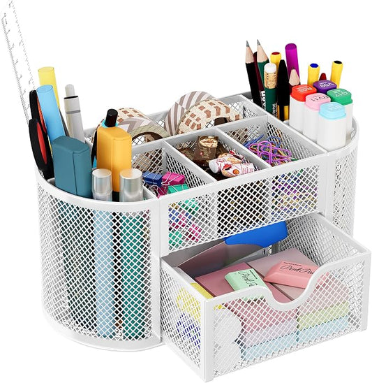 EasyPAG Mesh Pen Holder Desk Organizer with Drawer Stationery Supplies Organizer for Dorm School 9 Compartments Workspace Desk Accessories Organization for Office, White by EasyPAG