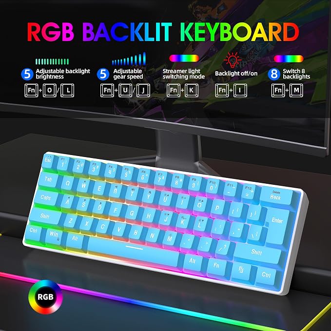 Snpurdiri 60% Wired Gaming Keyboard, 61 Keys RGB (Blue) | Small Ultra-Compact Backlit 60 Percent Gaming Keyboard for PC/Mac Gamer, Typist, Travel, Easy to Carry on Business Trip - Image 3