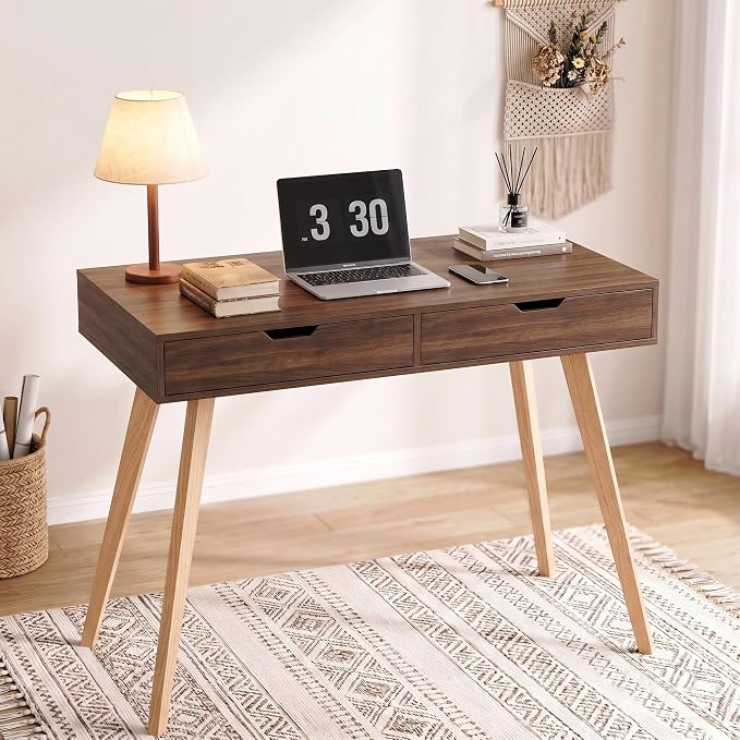 FOTOSOK White Computer Writing Desk with 2 Drawers, Small Desk Makeup Vanity Table Wood Desk with 4 Oak Legs, Modern Home Office Desk Console Study Table, Walnut - Image 7