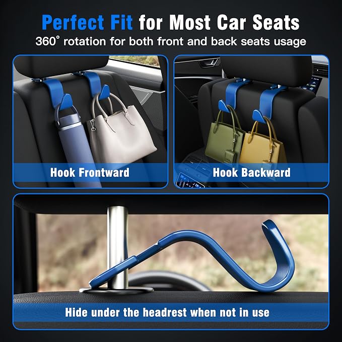 Amooca Car Seat Headrest Hook 4 Pack Hanger Universal Vehicle Car Storage Organizer for Handbag Purse Coat S Type Blue - Image 4